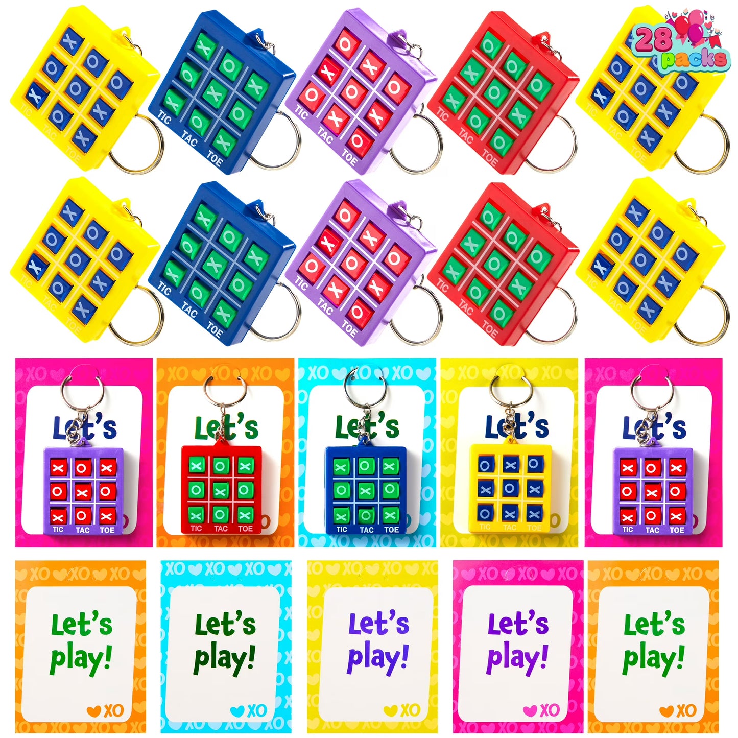 Joyfy 28 Packs Valentine Day Cards with Tic-Tac-Toe Keychain for Kids, Valentine¡¯s Classroom Exchange Gifts, Valentine¡¯s Party Favors