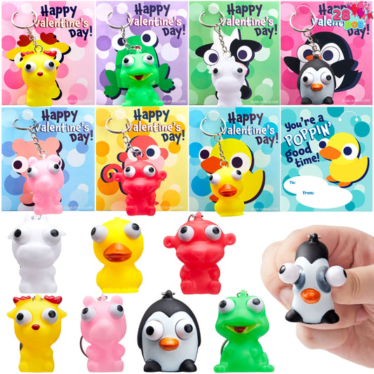 28 Packs Valentine's Day Gift Card with Unzip Popping Eyes Animal Keychains for Kids Party Favor, Classroom Exchange Prizes, Valentine’s Greeting Cards
