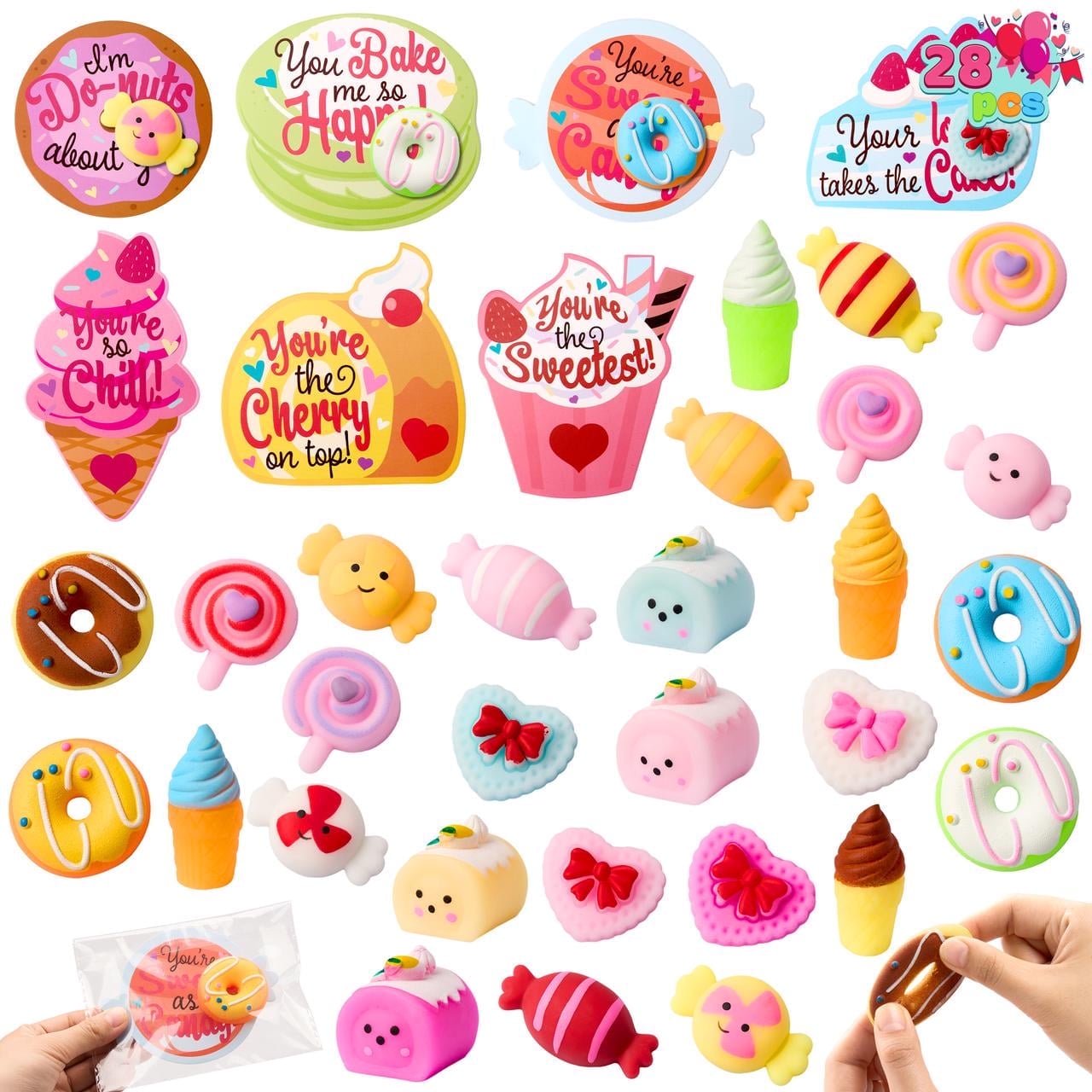 Joyfy 28 Packs Valentine¡¯s Day Gift Cards with Candy Mochi Squishy Toys, Stress Relief Fidget Toys, Cute Squeeze Toys for Kids Valentine Party Favors, Classroom Gift Exchange and School Reward