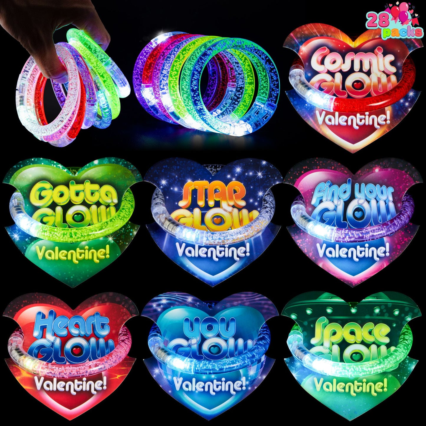 28 Packs Valentine's Day Gift Cards with Flashing LED Bracelets for Valentine Light Up Party Favor Toy, Valentine's Classroom Gift Exchange, Kids and Adults, Glow Accessories