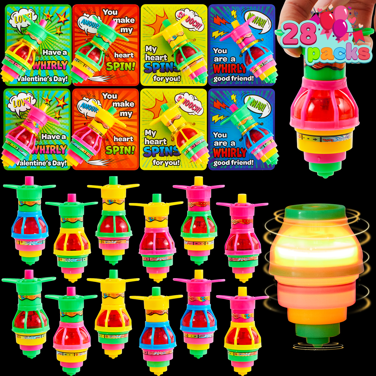 JOYFY 28 Packs Valentine Cards with Light up Spinning Tops for Kids, LED UFO Gyroscope Flashing Lights Toys for Valentines Party Favors,Classroom Exchange Gifts
