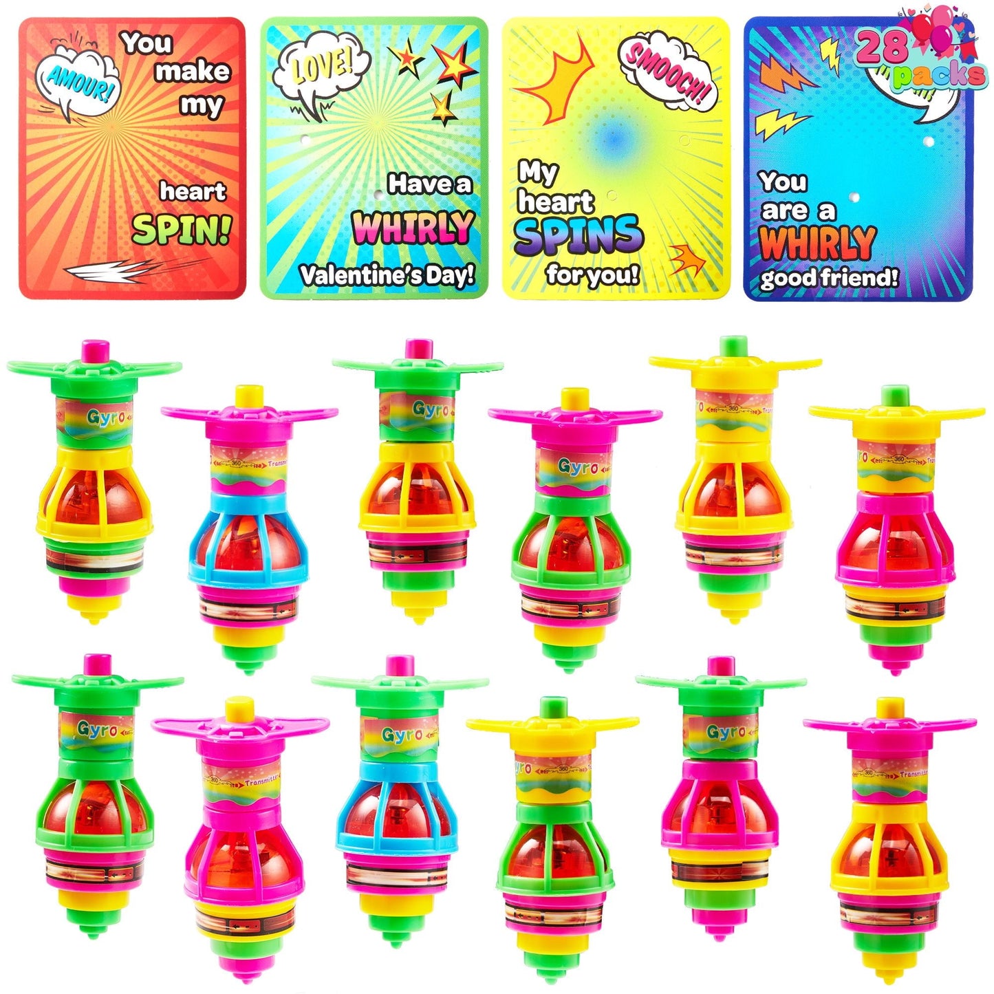 28 Packs Valentine's Day Gift Cards with Light up Spinning Tops, LED UFO Gyroscope Flashing Lights for Valentine Party Favors Toys,Classroom Exchange Prizes,Valentines Day Cards for Kids School