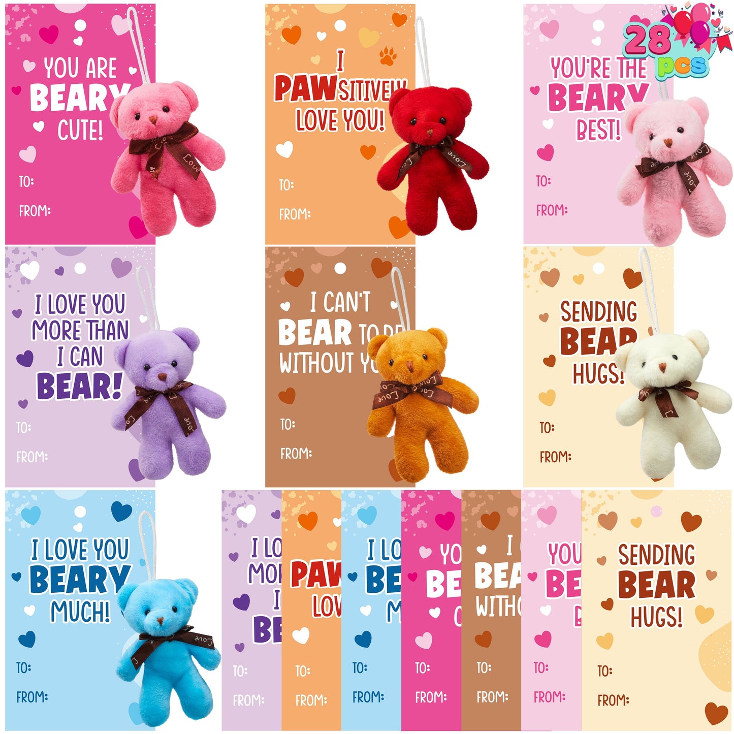 28 Packs Valentine's Day Gift Cards with Mini Bears Plush Toy Party Favors, Mini Stuffed Animal Plush Toys Plush Toy for Valentines Day Gifts, Kids Classroom School Exchange Prize (Brown Bear)