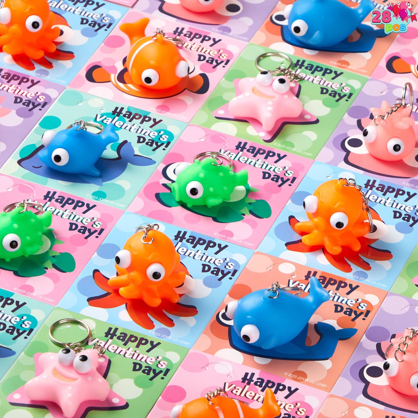 28 Packs Valentine's Day Gift Cards with Sea Animal Unzip Popping Eyes Keychains for Kids Party Favor, Classroom Exchange Gifts, Valentine’s Greeting Cards, Classroom Prizes