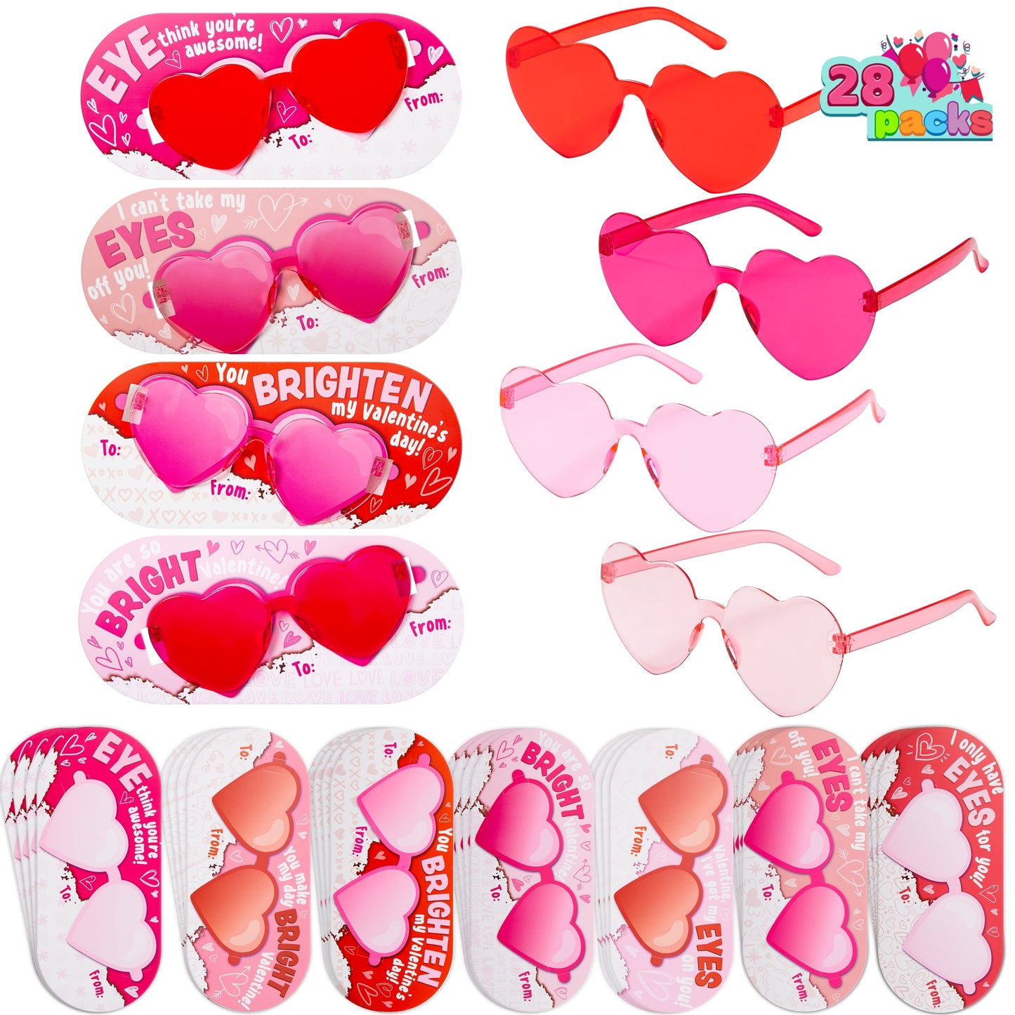28 Packs Valentine's Day Cards with Heart Shaped Sunglasses for Kids, Valentines School Classroom Exchange Gifts, Valentines Party Favors
