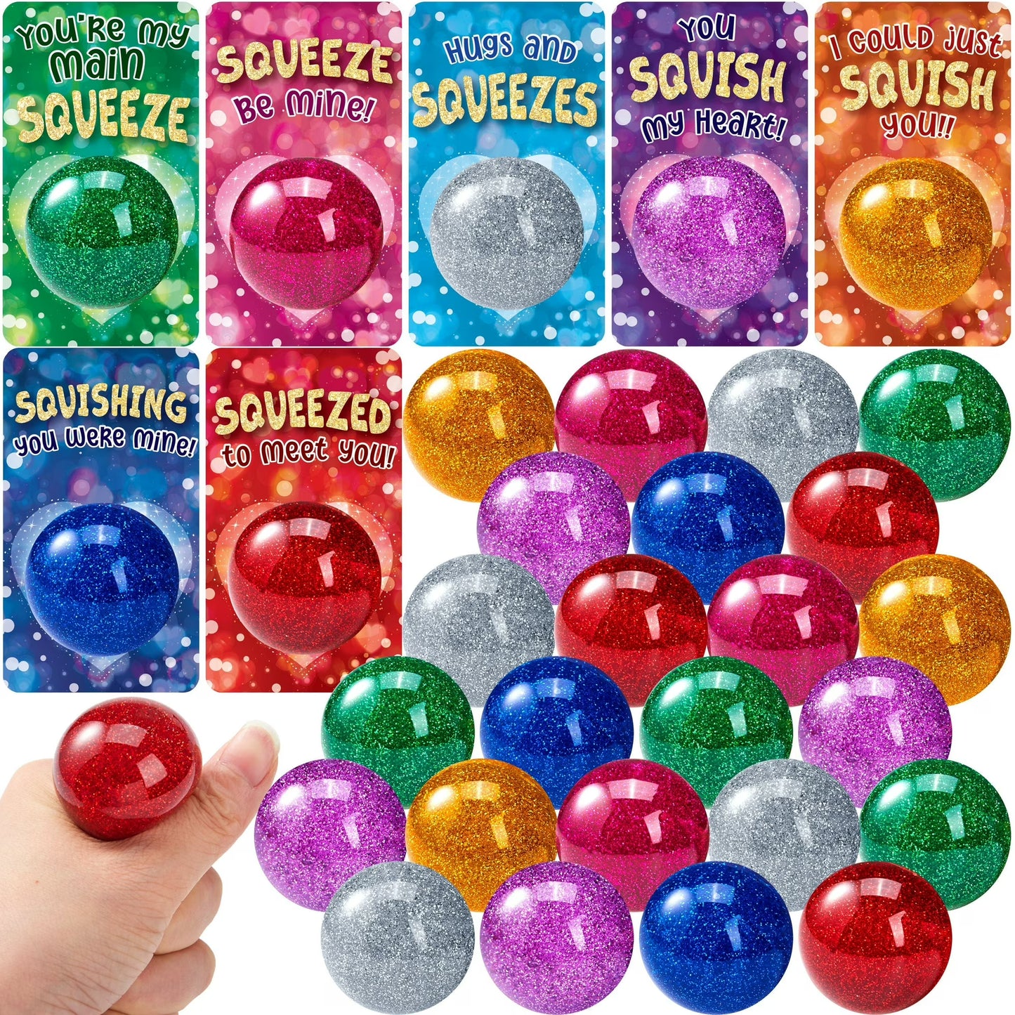JOYFY 28 Packs Valentine Day Stretchy Balls with Cards, Classroom Exchange Gift for Kids, Valentine Party Favors, Classroom Holiday Reward Prizes, Stress Relief Stretch Balls