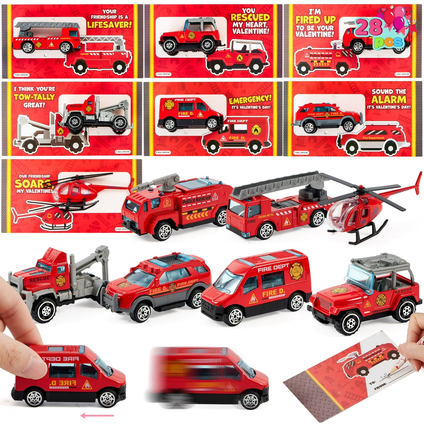 JOYFY 28 Packs Valentines Day Cards with DieCast Fire Rescue Vehicles Toys for Kids Valentine Party Favor, Classroom Exchange Prize and Gifts for Boys, Valentine¡¯s Greeting Cards