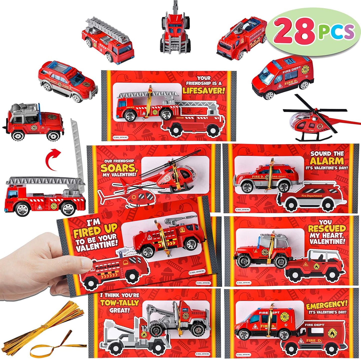 28 Packs Valentines Day Cards with DieCast Fire Rescue Vehicles Toys for Kids Valentine Party Favor, Classroom Exchange Prize and Gifts for Boys, Valentine’s Greeting Cards