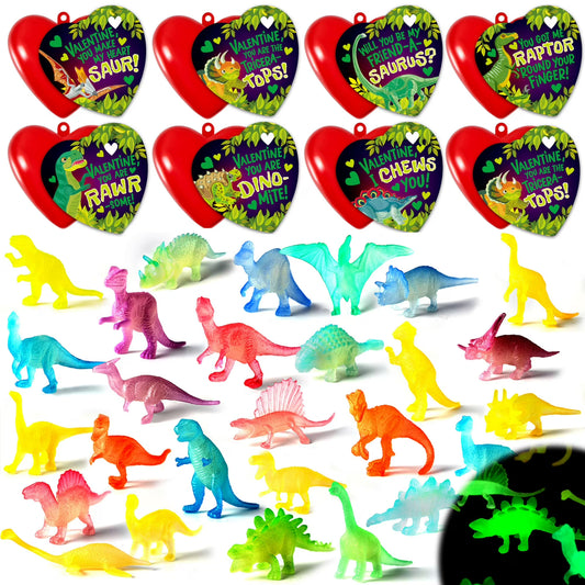 JOYFY 28 Packs Valentines Day Cards with Glow in dark Dinosaur Toys and Heart Shells for Valentine Kids Party Favor, Classroom Exchange Prizes, Valentine’s Greeting Cards