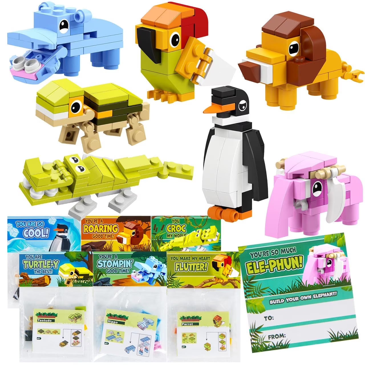Joyfy 28 Packs Valentines Day Cards with Animal Building Blocks for Kids,Valentines Gifts for Class Exchange,Kids Classroom School Prize