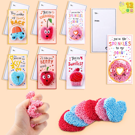 28 Packs Valentines Day Gift Cards with Stress Ball Set Stretchy Squishy Toy Balls Sensory Squeeze Toys Stress Relief Fidget Toys for Kids Classroom Exchange Prizes, Valentine Party Favor