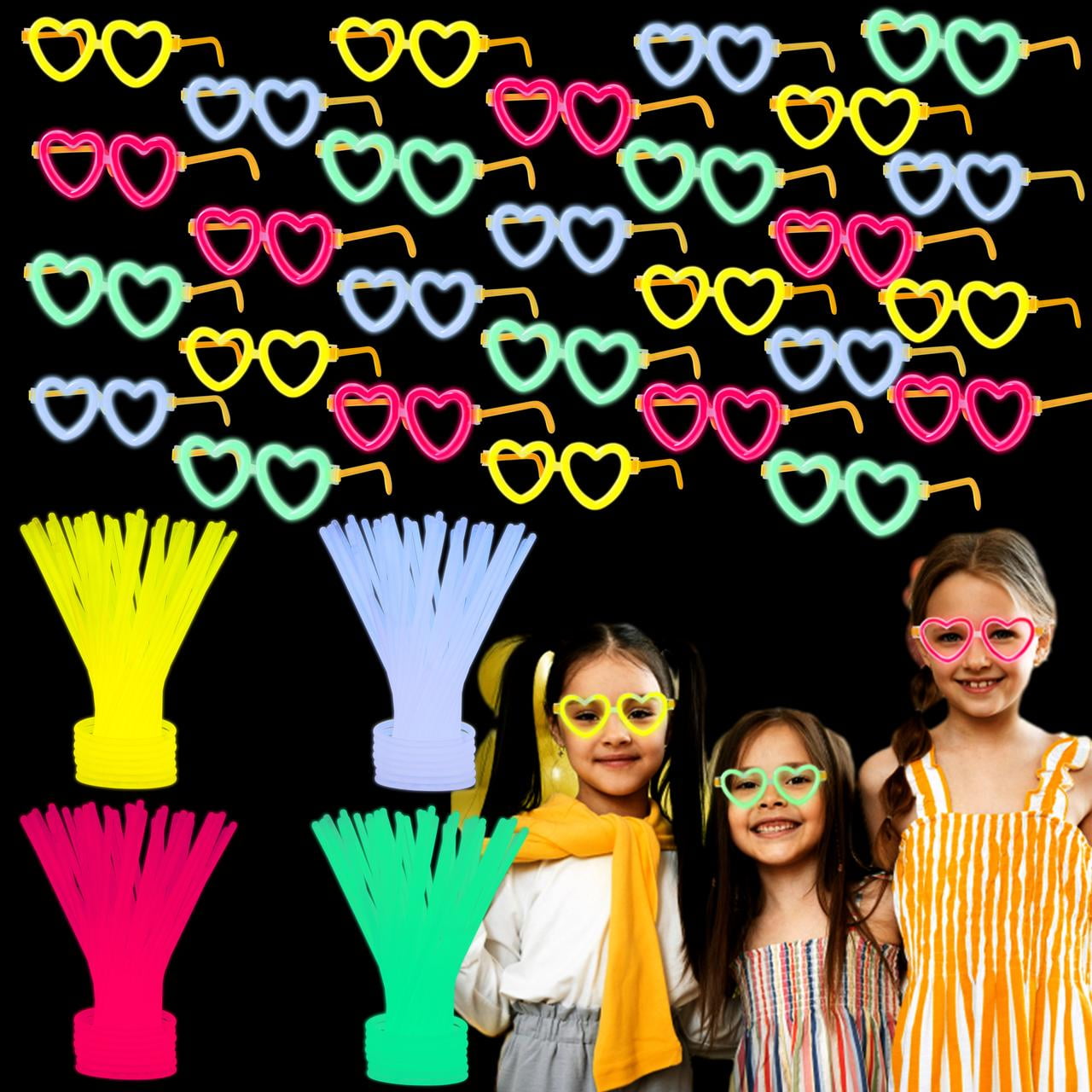 28 Packs Valentines Day Gifts Cards, Valentine's Greeting Cards with Heart Shaped Glasses and Light-up Glow Sticks for Kids Valentine's Day Party Favor Classroom Exchange Prize Supplies