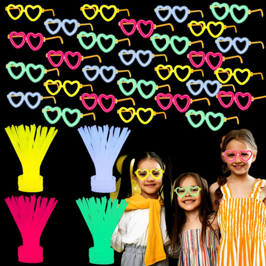 28 Packs Valentines Day Gifts Cards, Valentine's Greeting Cards with Heart Shaped Glasses and Light-up Glow Sticks for Kids Valentine's Day Party Favor Classroom Exchange Prize Supplies
