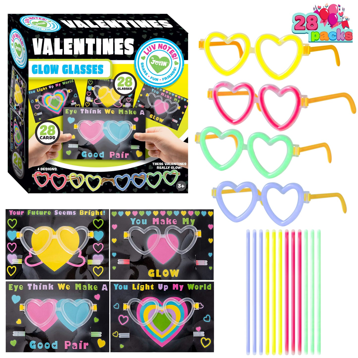 28 Packs Valentines Day Gifts Cards, Valentine's Greeting Cards with Heart Shaped Glasses and Light-up Glow Sticks for Kids Valentine's Day Party Favor Classroom Exchange Prize Supplies