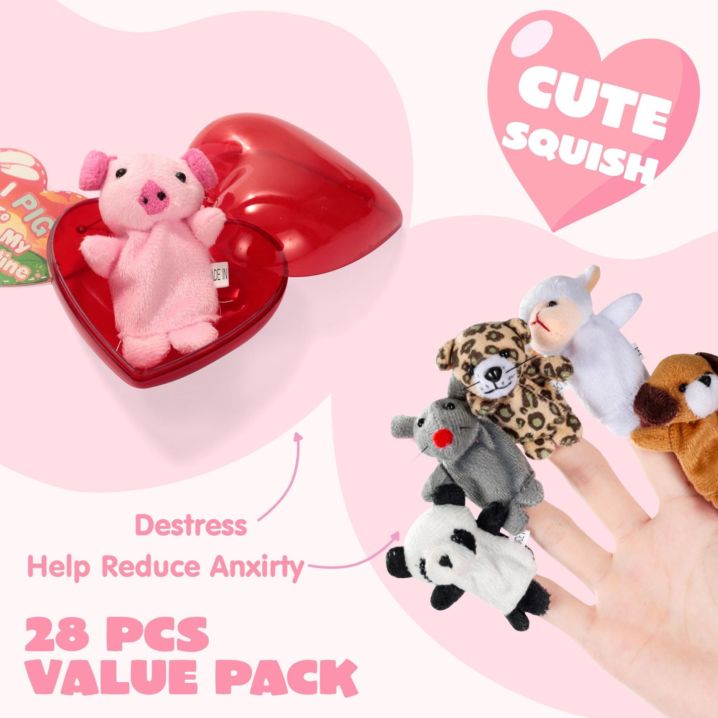 28-Pack Valentine's Day Pre-Assembled Hearts with Plush Animal Finger Puppets and Valentine's Day Cards for Kids