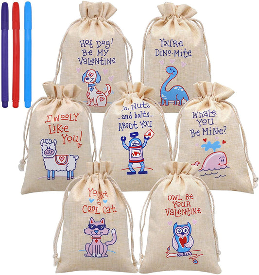 28 Pcs Valentine Drawstrings Canvas Bags with 3 Pens, 4x5.75 Inch Drawstring Pouch Candy Gift Linen Pockets for Kids Party Favor, Classroom Exchange Prizes