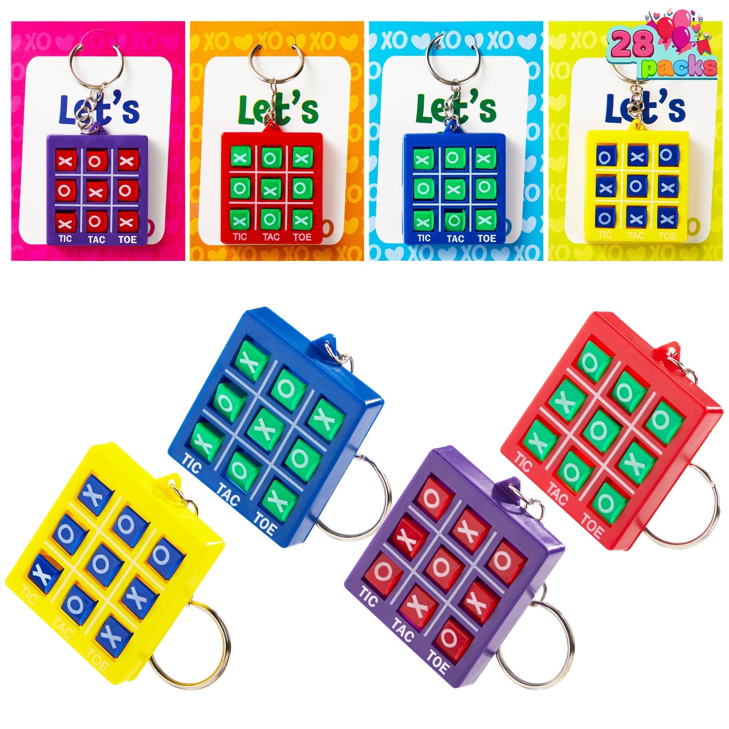 28 Packs Valentine's Day Cards with Tic-Tac-Toe Keychain, Valentines Days Keychain Set for Kids Party Favor, Classroom Exchange Prizes, Valentine’s Greeting Cards