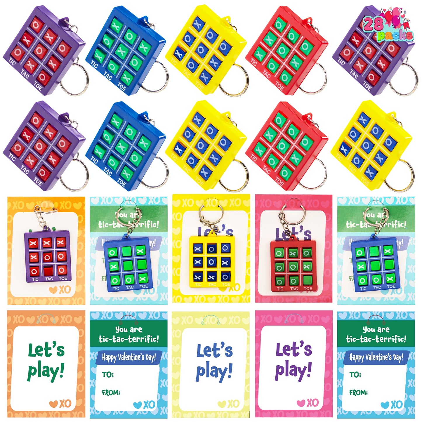 28 Packs Valentine's Day Cards with Tic-Tac-Toe Keychain, Valentines Days Keychain Set for Kids Party Favor, Classroom Exchange Prizes, Valentine’s Greeting Cards