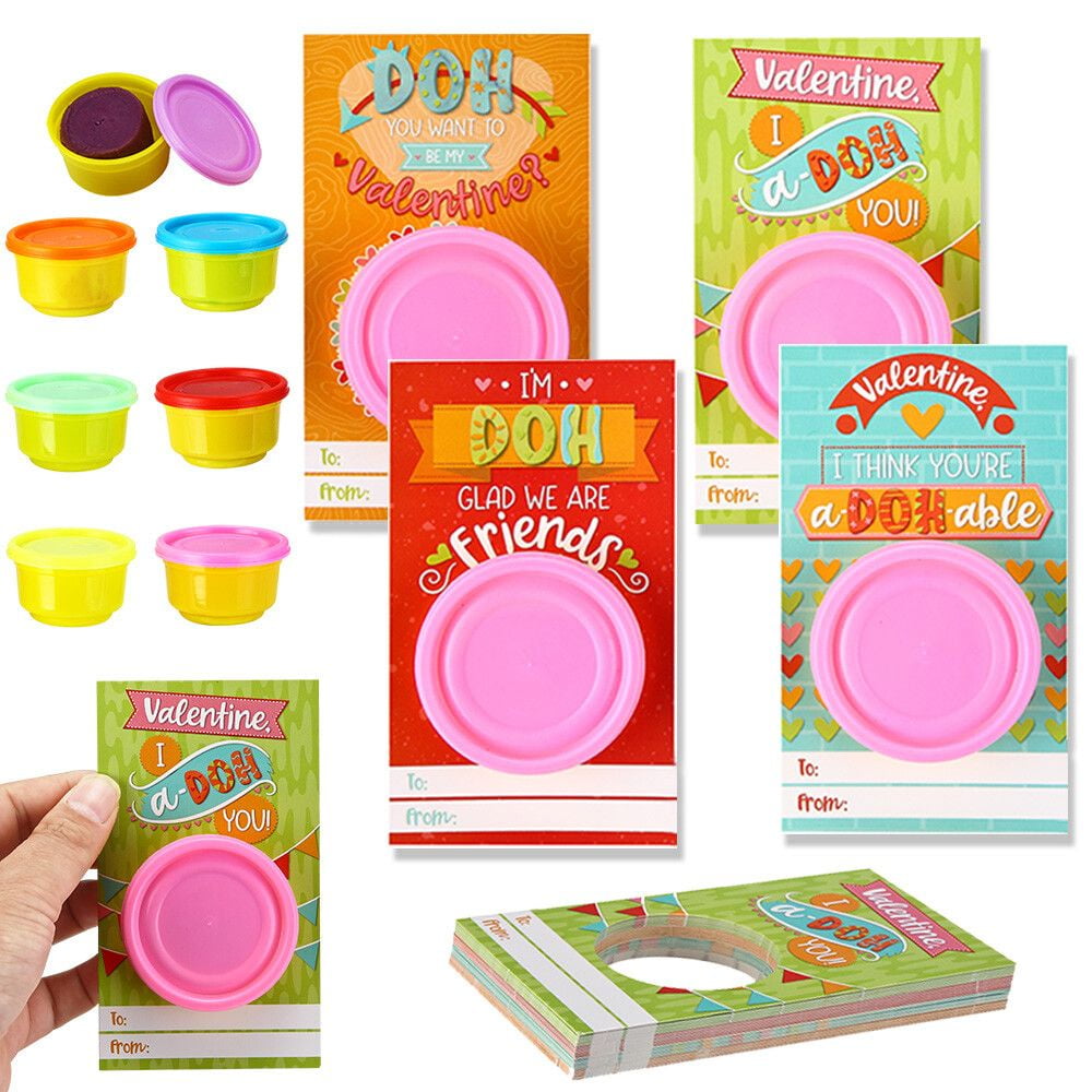 28 Pcs Valentines Day Gift Cards with Colorful Playing Dough for Kids Valentine Party Favors, Valentine's Classroom Exchange