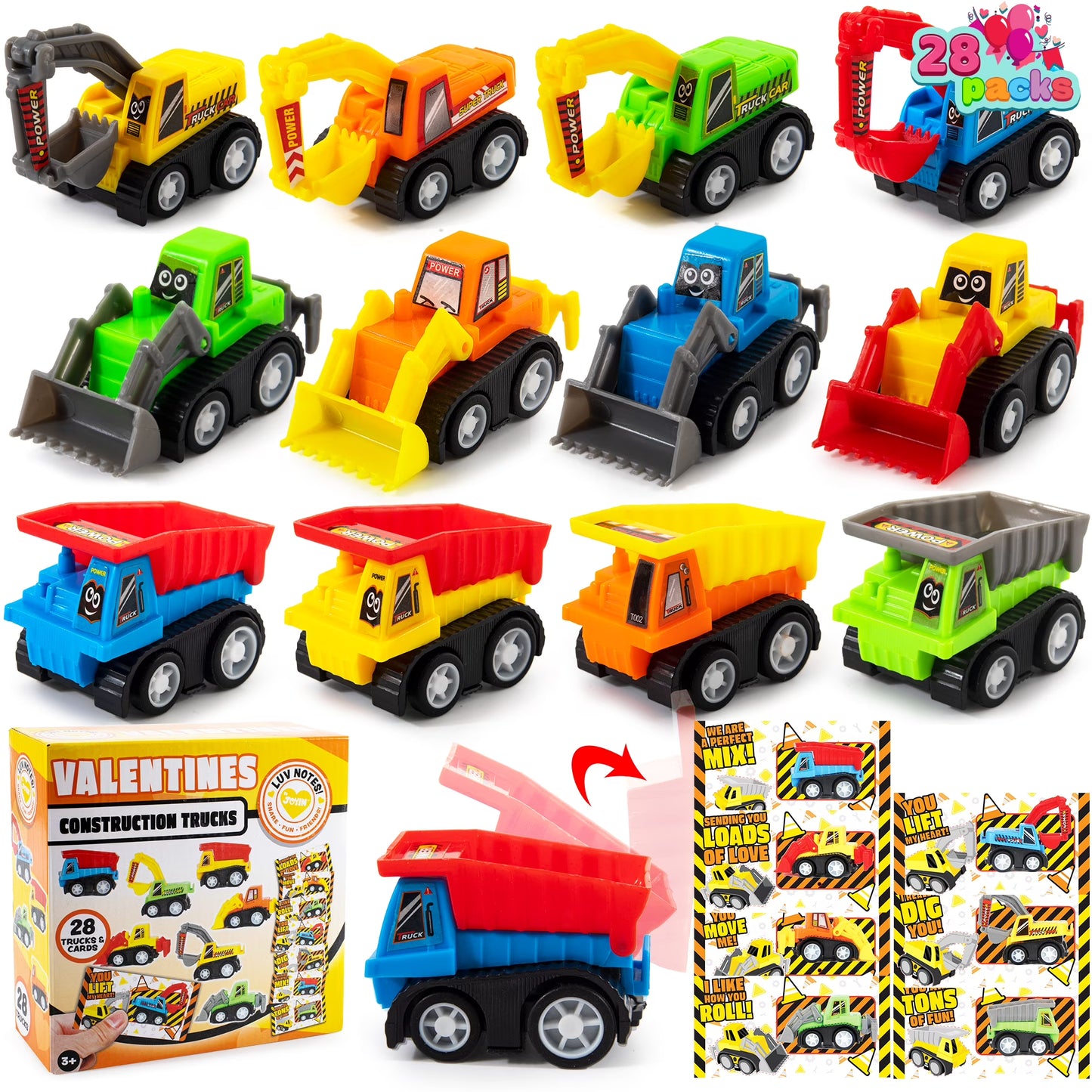 JOYFY 28 Valentines Day Construction Vehicle Greeting Cards for Kids Valentine's Day Classroom Exchange Prizes, Construction Truck Party Favor Gifts