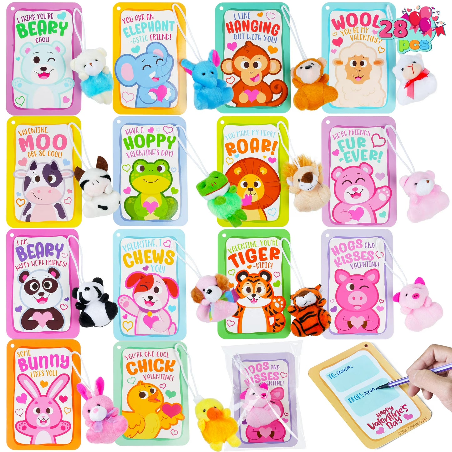 JOYFY 28 Pack Valentines Day Kids with Mini Plush Animals,Valentines Classroom Exchange Cards