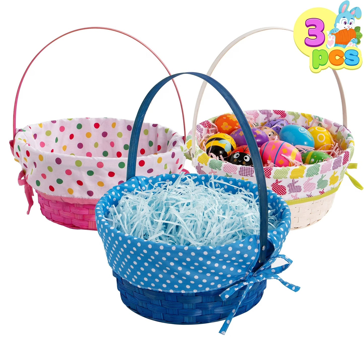 Joyfy 3 Pcs Easter Baskets,Easter Woven Basket with Polka Dots Lining,Handmade Woven Easter Basket with Handle for Easter Egg Hunt Picnic,Filling with Party Favors