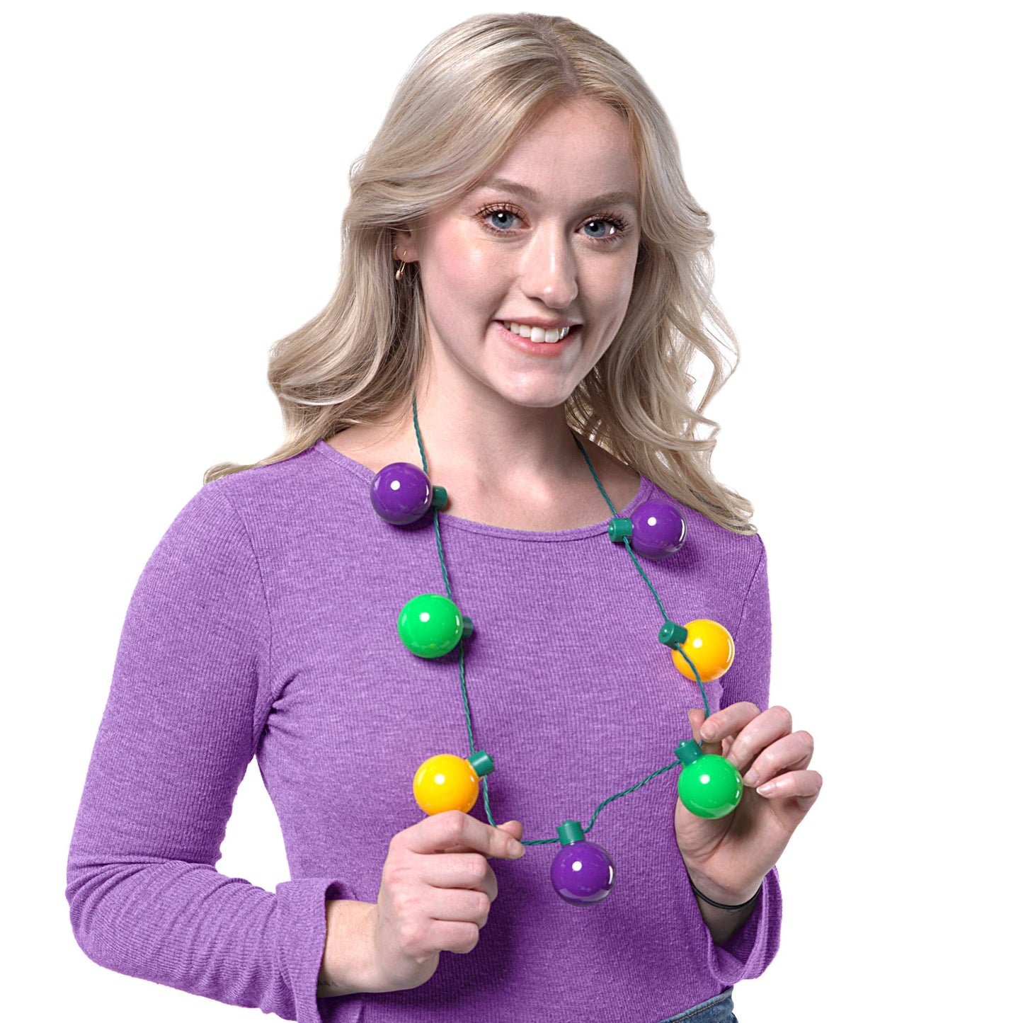 3 carnival LED light bulb necklaces, purple, green, gold LED luminous necklaces, 6 lighting modes