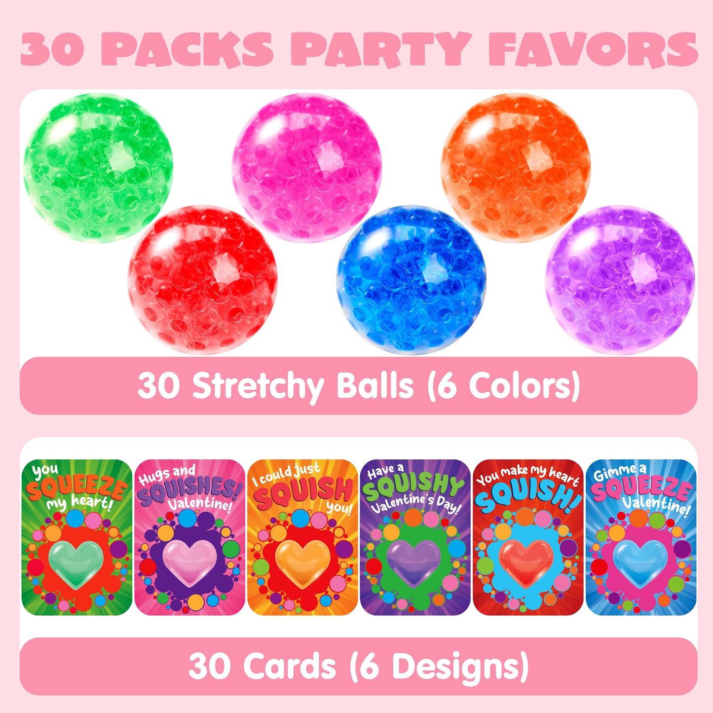 30 PCS Valentine's Day Sensory Stress Balls with Cards, Squishy Toy Fidget Toys Anxiety Relief for Adult, Valentine's Party Favors, Gift Classroom Exchange Rewards