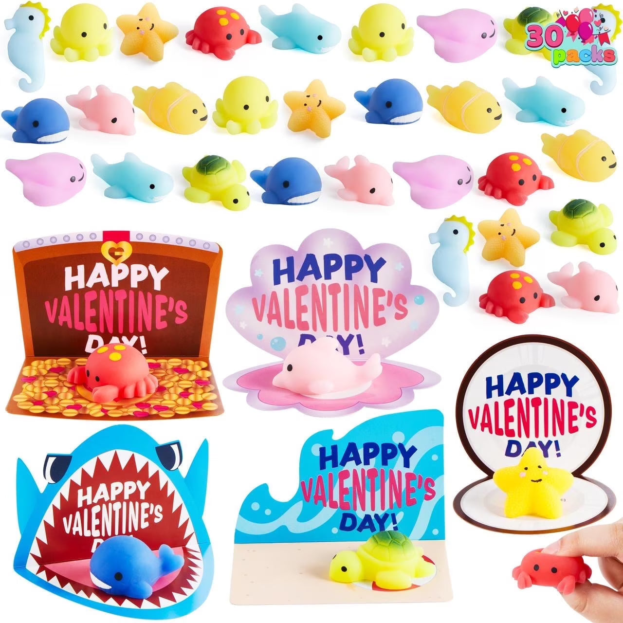 Joyfy 30 Packs Valentine Day Gift Cards with Mochi Squishy Toys, Stress Relief Fidget Toys, Kawaii Mochi Squeezes for Kids Valentines Party Favor, Gift Goodie Bag Filler, Classroom Exchange Prizes
