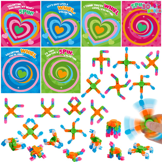 30 Packs Valentine's Day 6-Design Gift Cards with Fidgets Spinners, Deformable DIY Spinners Fingertip, Stress Relief Fidget Toys for Kids and Valentine's Party Favors, Classroom Gift Exchange