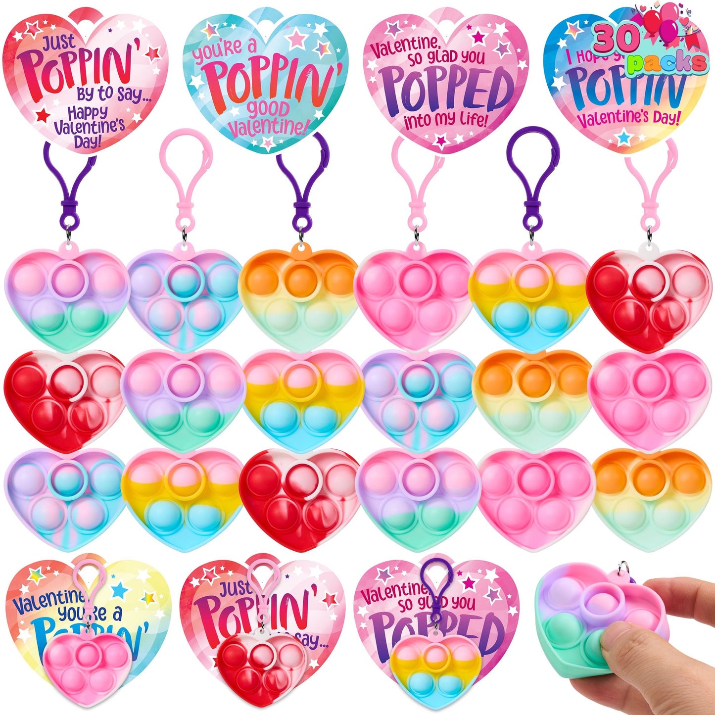 Joyfy 30 Packs Valentine¡¯s Day 6-Design Gift Cards with Heart Pop Bubble Keychain, Mini Pop Squeeze Toys, Stress Relief Fidget Toys for Kids Valentine Party Favors and School Classroom Prize