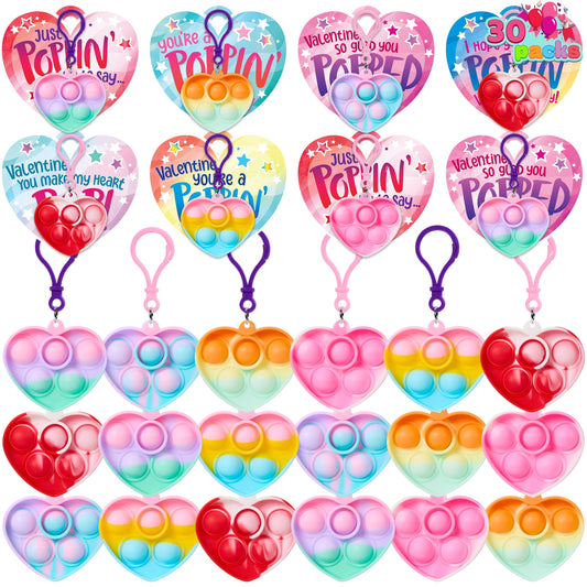 30 Packs Valentine’s Day 6-Design Gift Cards with Heart Pop Bubble Keychain, Mini Pop Squeeze Toys, Stress Relief Fidget Toys for Kids Valentine's Party Favors and School Classroom Prize