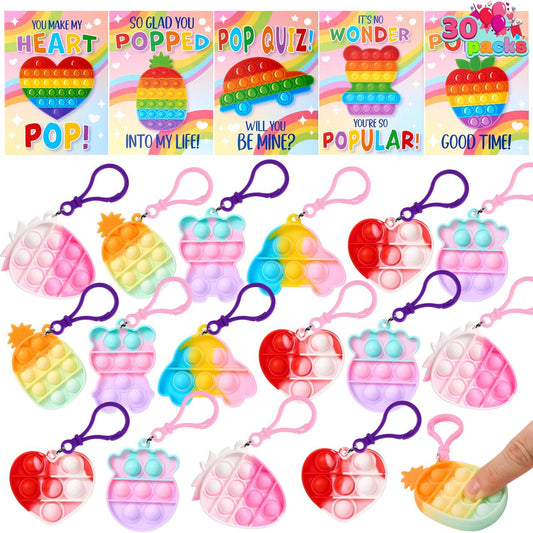 30 Packs Valentine’s Day 6-Design Gift Cards with Pop Bubble Keychains, Mini Colored Pop, Multi-Shape Stress Relief Fidget Toys for Kids Valentine's Party Favors and Classroom Gift Exchange
