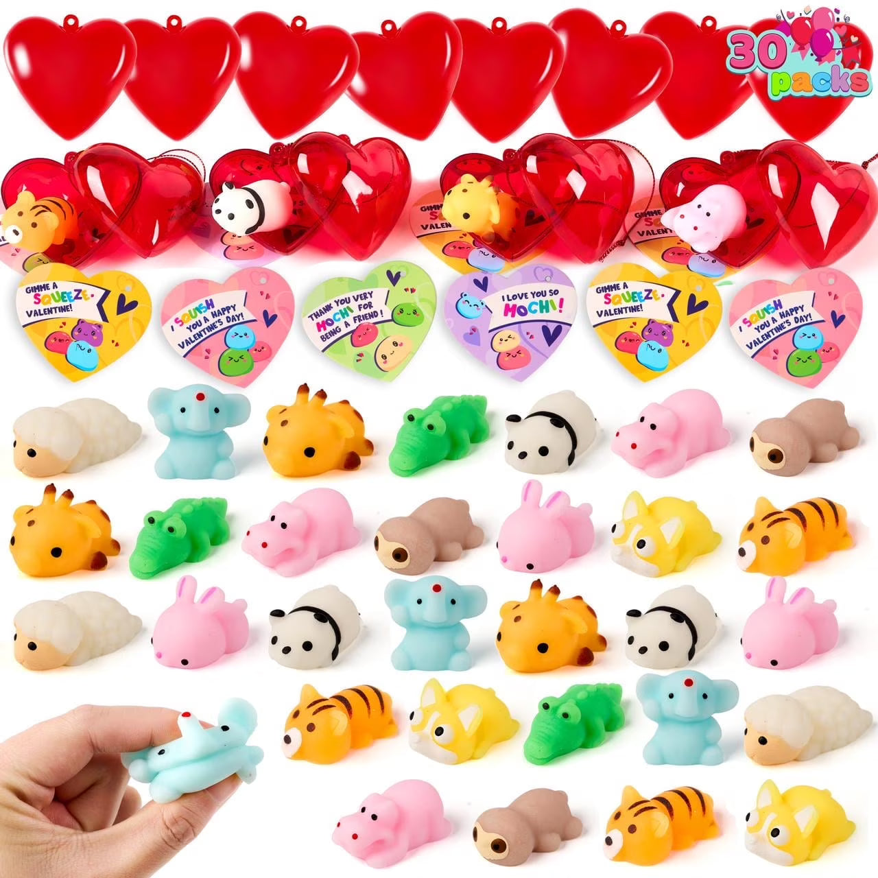 Joyfy 30 Packs Valentine¡¯s Day Cards with Mochi Squishy Toys and Heart Shells, Stress Relief Fidget Toys, Squeeze Toys for Kids Valentine Party Favors and Classroom Exchange