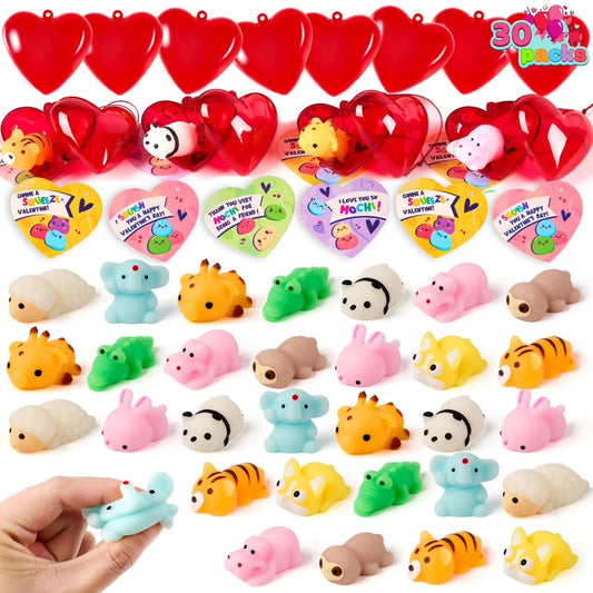 Joyfy 30 Packs Valentine’s Day Cards with Mochi Squishy Toys and Heart Shells, Stress Relief Fidget Toys, Squeeze Toys for Kids Valentine's Party Favors and Classroom Exchange