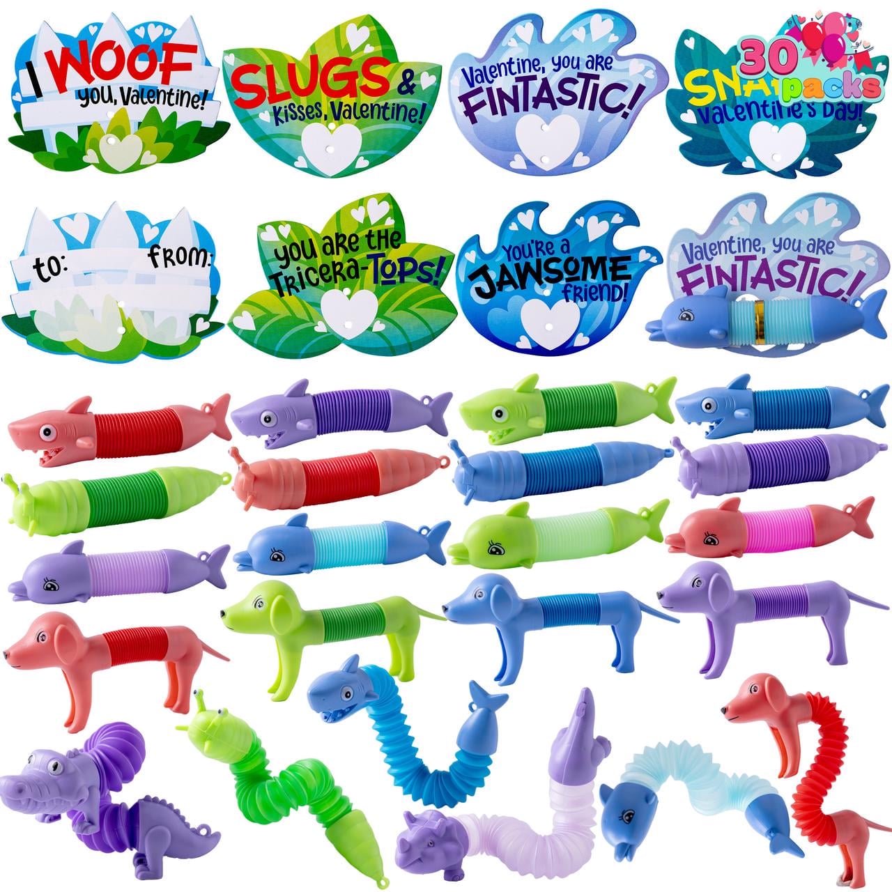 Joyfy 30 Packs Valentine¡¯s Day Gift Cards with Critter Pop Tubes, Stress Relief Fidget Toys, Telescopic Tube Toys for Kids Valentine Party Favors, Classroom Gift Exchange and Goodie Bag Filler