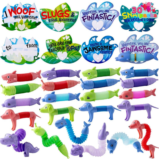 Joyfy 30 Packs Valentine’s Day Gift Cards with Critter Pop Tubes, Stress Relief Fidget Toys, Telescopic Tube Toys for Kids Valentine's Party Favors, Classroom Gift Exchange and Goodie Bag Filler