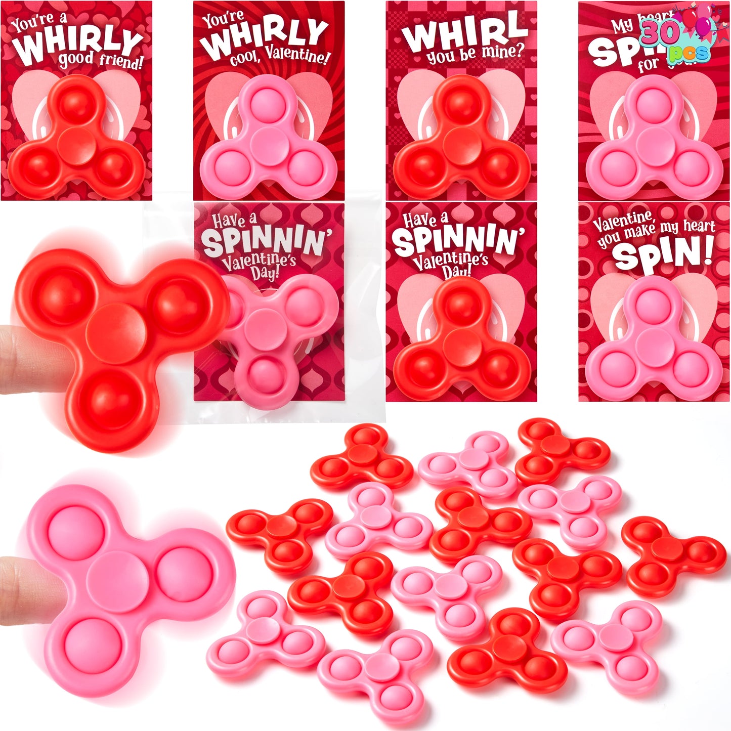 30 Packs Valentine's Day Gift Cards with Fidgets Spinners, Pop Bubble Spinners Fingertip Toys, Stress Relief Fidget Toys for Kids Valentine's Party Favors, School Prize and Goody Bag Filler