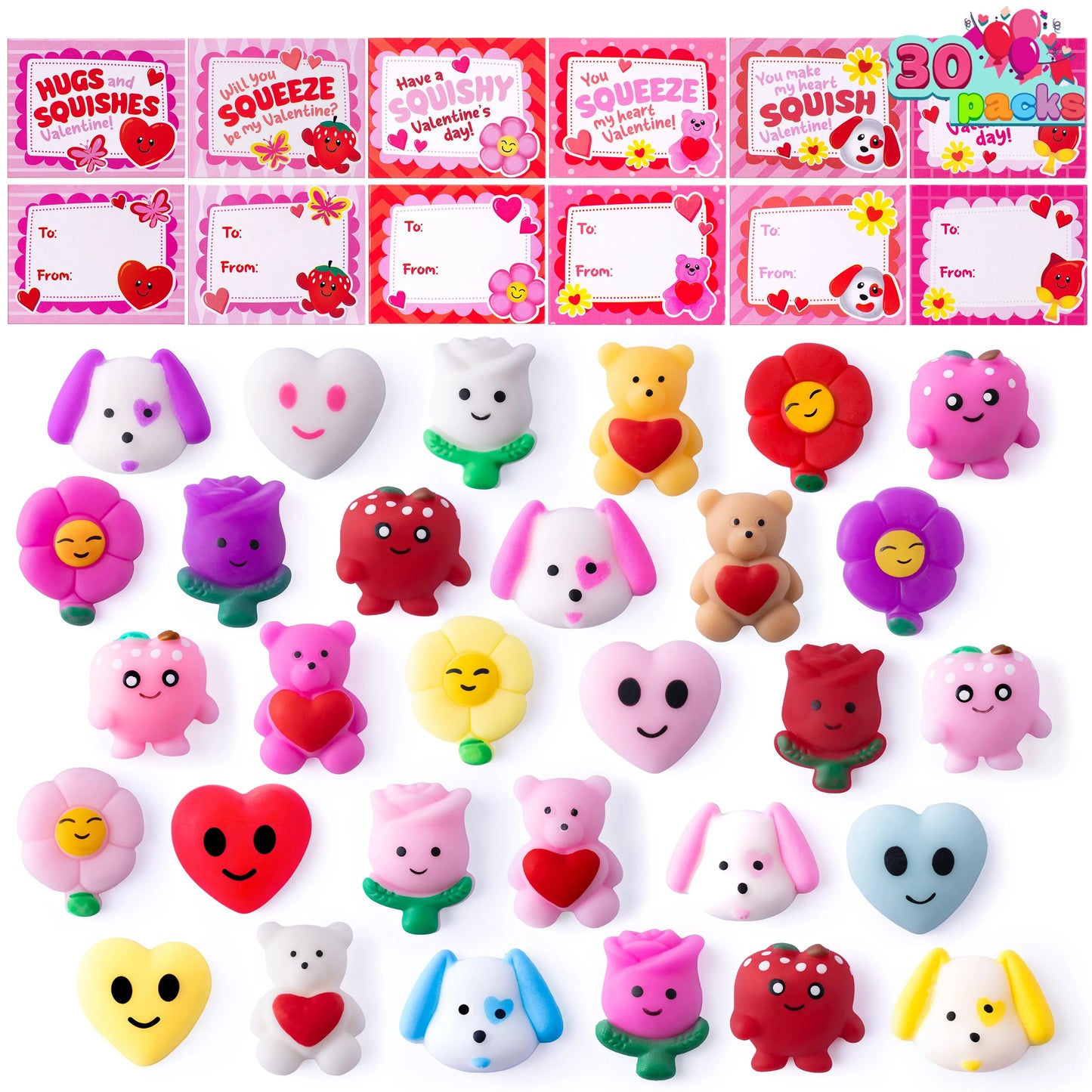30 Packs Valentine’s Day Gift Cards with Mochi Squishy Toys, Kawaii Squeeze Toys with 6-Design Hangers, Stress Relief Fidget Toys for Kids Valentine's Party Favors, School Classroom Exchange