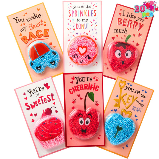 30 Packs Valentine's Day Gift Cards with Play Modeling Squashy Bead Foam, Fun Modeling Foam Toy for Valentine Party Favor, School Classroom Gift Exchange Prizes