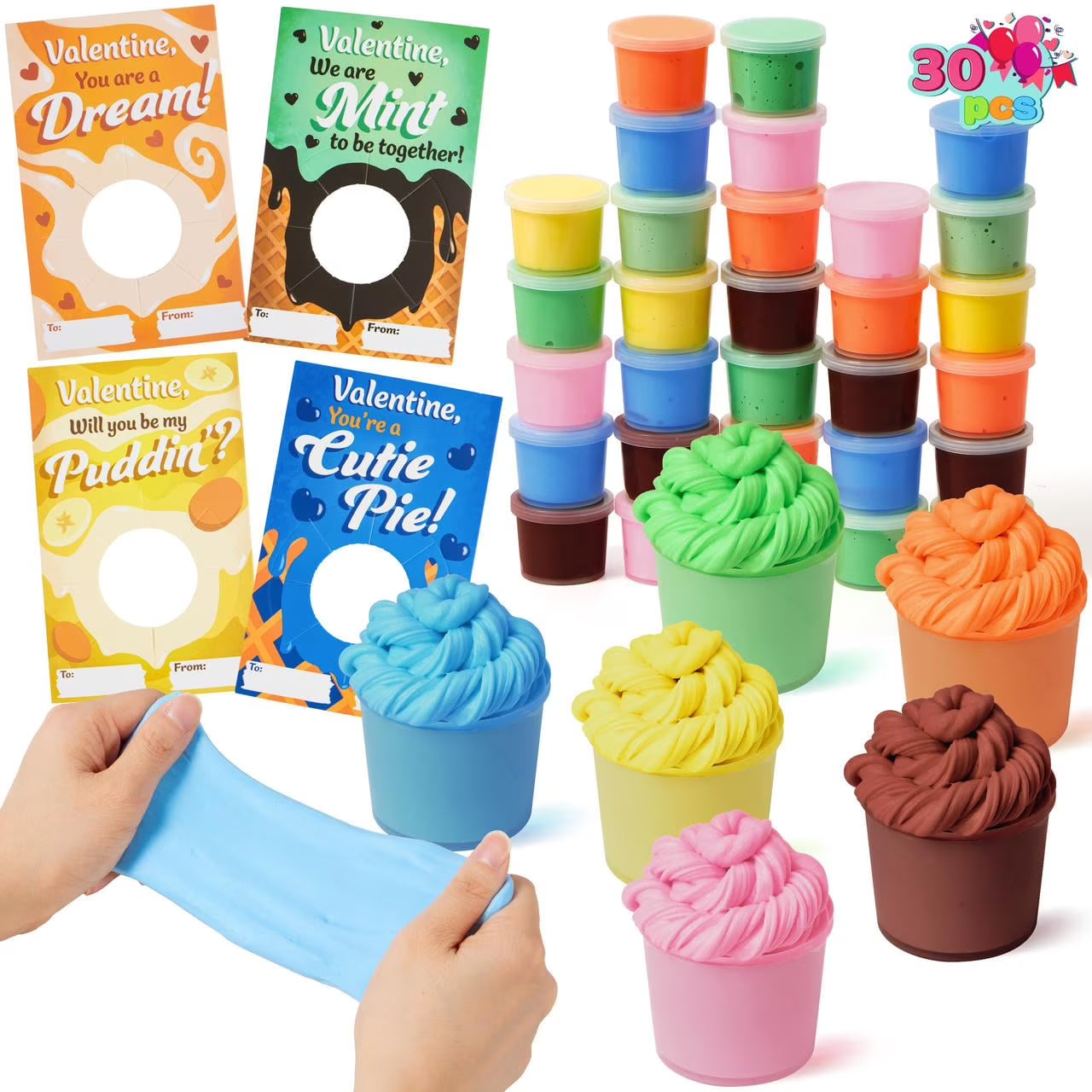 JOYFY 30 Packs Valentines Day Cards with Butter Slime, 6 Colors Valentines Slime Party Favors, Stress Relief Fidget Toys and Gift Cards for Kids Valentine Day Classroom Exchange Gift, Prizes