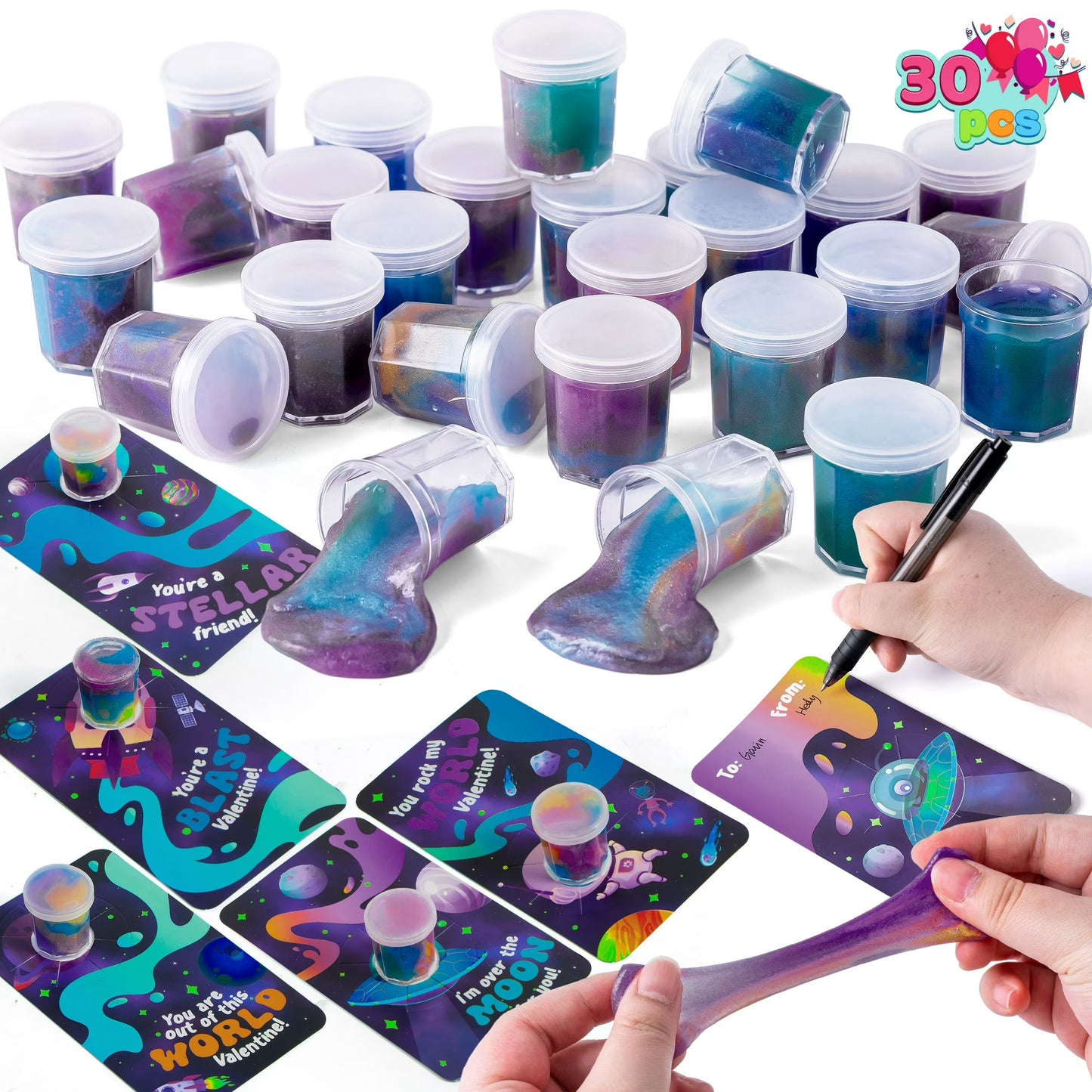 JOYFY 30 Packs Valentines Galaxy Slime With Cards for Kids,Stress Relief Fidget Toy for Kids Valentines Class Exchange Cards,Valentines Party Favors