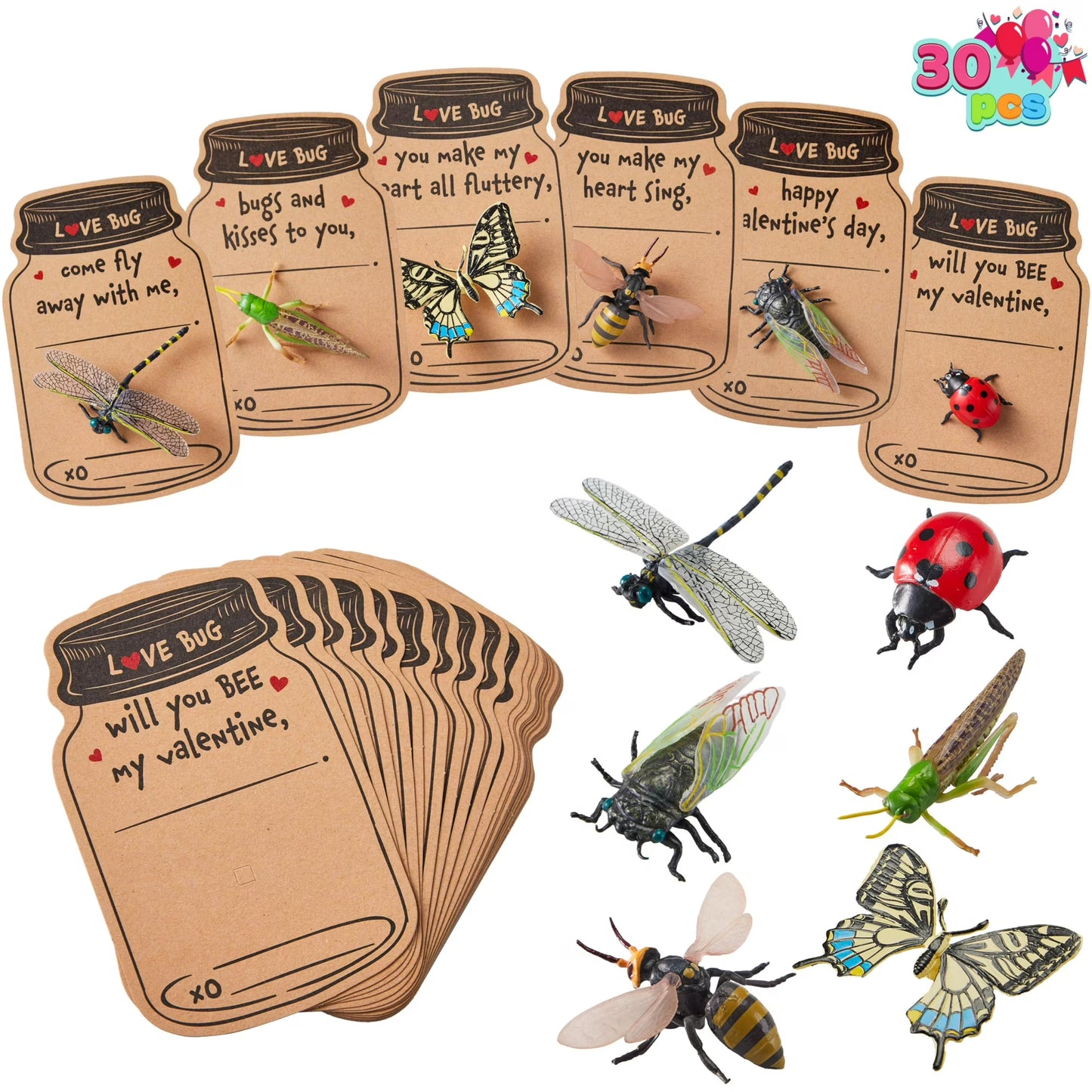 JOYFY 30 Pcs Valentines Day Gift Cards Realistic Bug Toy Set for Kids Valentine Classroom Exchange Party Favor Toys, Valentine Gift Exchange