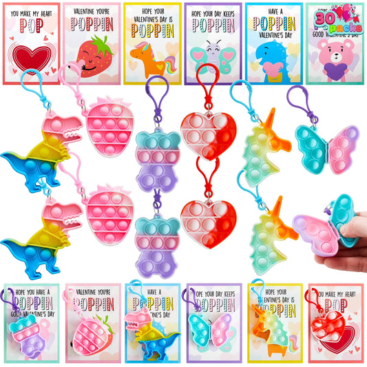 Joyfy 30 Packs Valentine's Cards with Pop Fidget Keychain Toys, Stress Anxiety Relief Fidget Toys for Kids Classroom Exchange Prizes, Party Favors