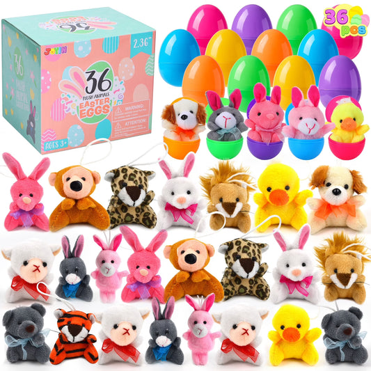 Joyfy 36 Pack Prefilled Easter Eggs with Toys,Easter Eggs with Mini Stuffed Animals Plush Toys for Kids Toddler,Easter Basket Filler Egg Hunt Filler Stuffer