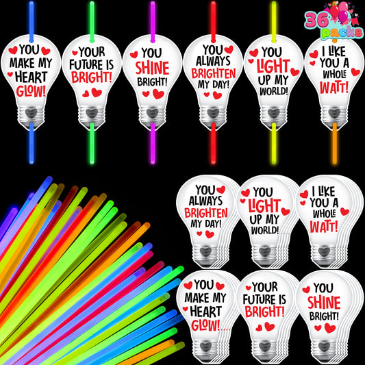 36 Packs Neon Valentines Day Gift Bulb Cards with Glow Sticks, Glow Necklaces for Valentine's Party Favor, Valentine Classroom Exchange Cards, Valentine School Prize