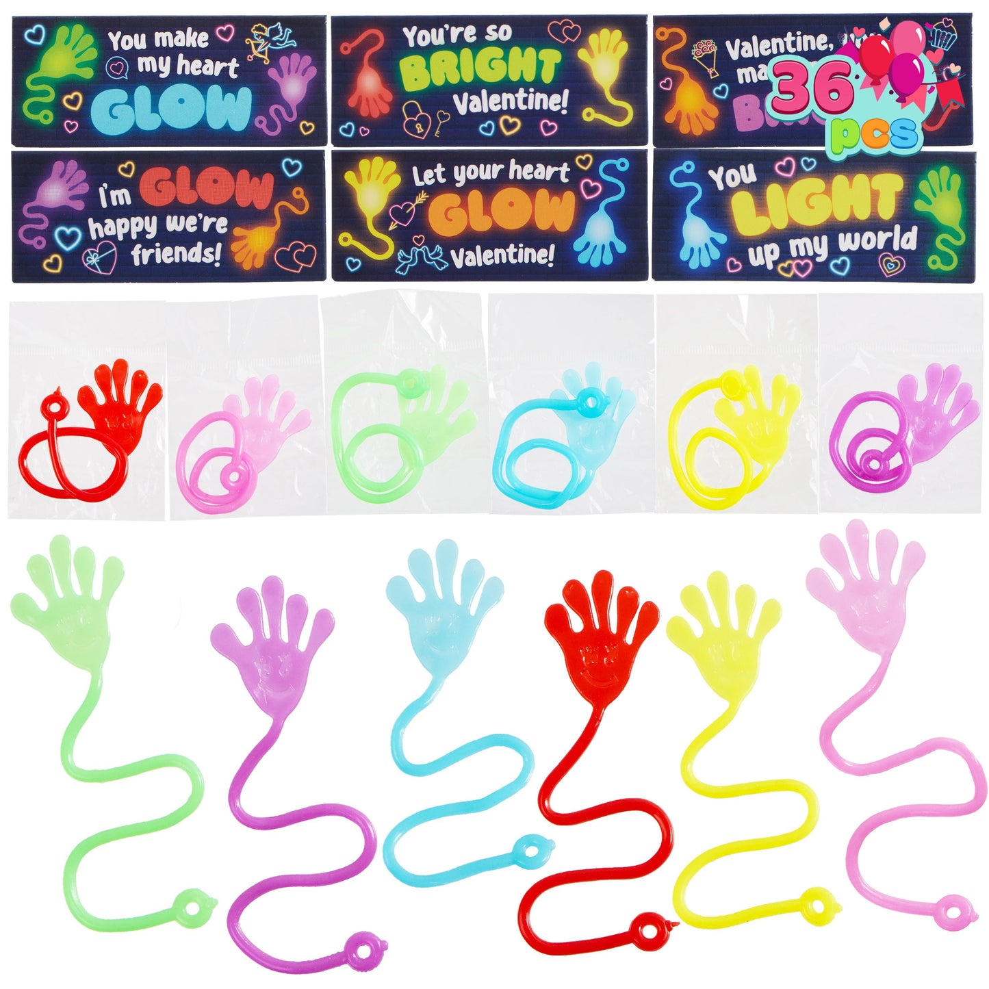 36 Packs Sticky Hands with Card Headers for Kids Party Favor, Classroom Exchange Prizes, Valentine’s Greeting Cards, Valentine Party Favors, Valentine Exchange Gifts