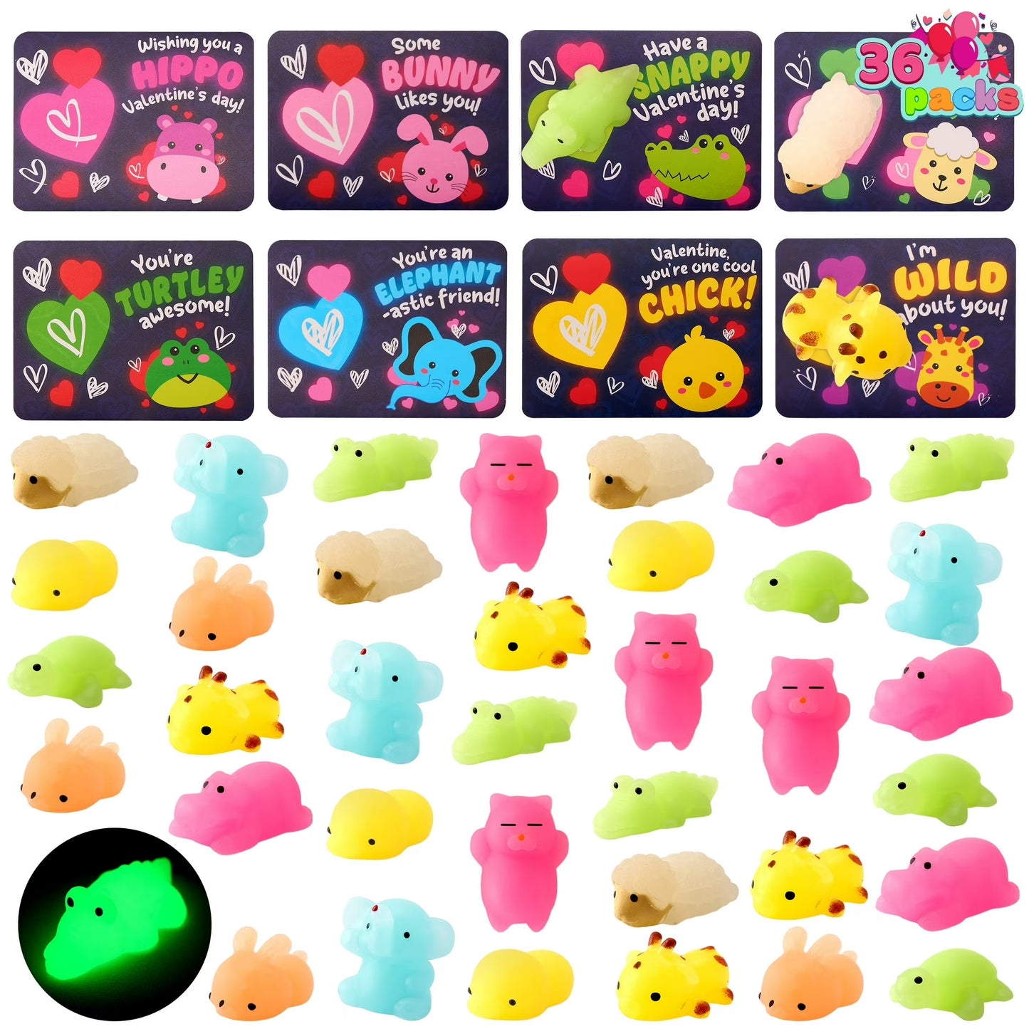 Joyfy 36 Packs Valentine Cards with Glow in Dark Mochi Squishy Toys, Stress Relief Fidget Toys, Glowing Squeeze Toys for Kids Valentine Party Favors School Classroom Exchange Gifts