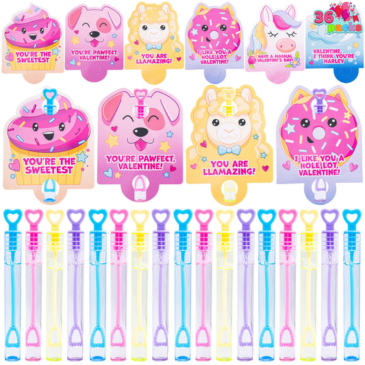 36 Packs Valentine's Day Gift Cards with Mini Bubble Maker Wands for for Kids Valentine Party Favor Toys, Valentine's Classroom Exchange, Game Prizes