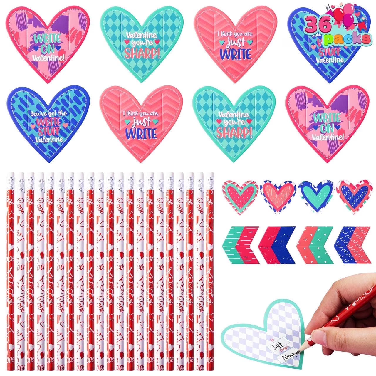 Joyfy 36 Packs Valentines Day Cupid Arrow Pencil Set with Gift Cards for Valentine Classroom Exchange Prizes Party Favors